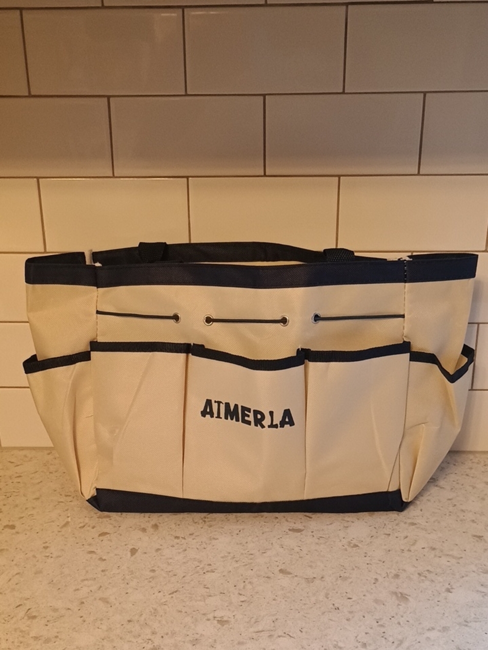 NWOT AIMERLA Canvas Utility/Garden Tote in Beige with Navy Trim
